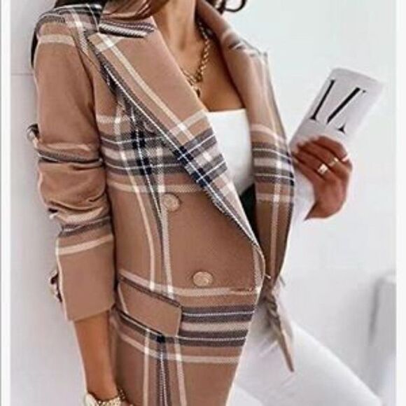 NEW Double Breasted Plaid Blazer Jacket Coat - Picture 3 of 6